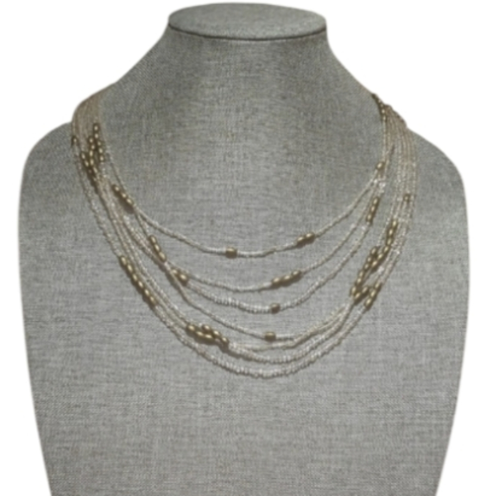 Layer Clear Seed Bead & Brass-Tone Necklace – Adjustable Lobster Clasp